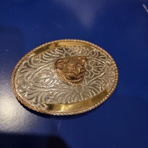 Gold Tone Bull Head Oval Western Belt Buckle Engraved - Montana Silversmiths